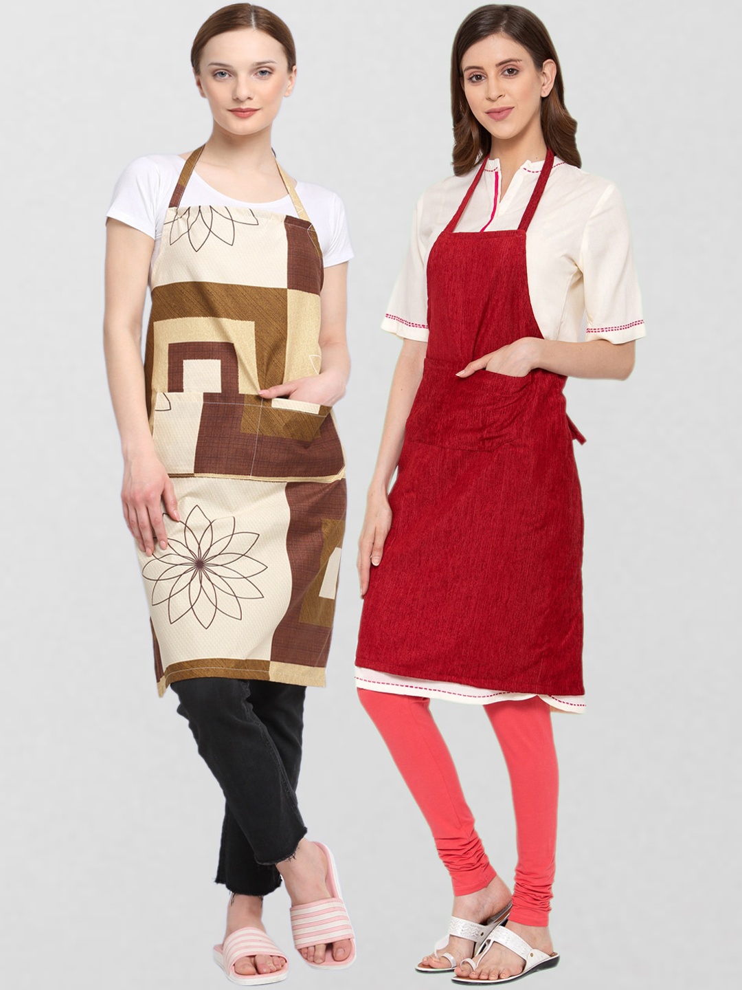 KLOTTHE Pack Of 2 Printed 210 TC Cotton Aprons, Red