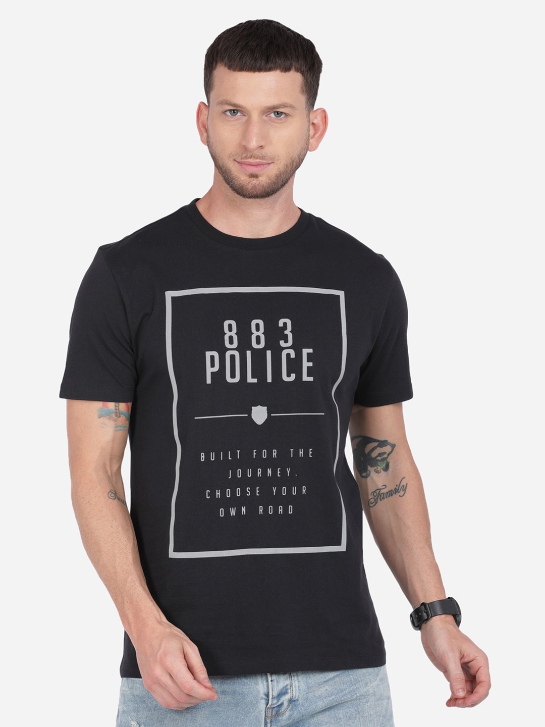 

883 Police Men Black Typography Printed Applique T-shirt
