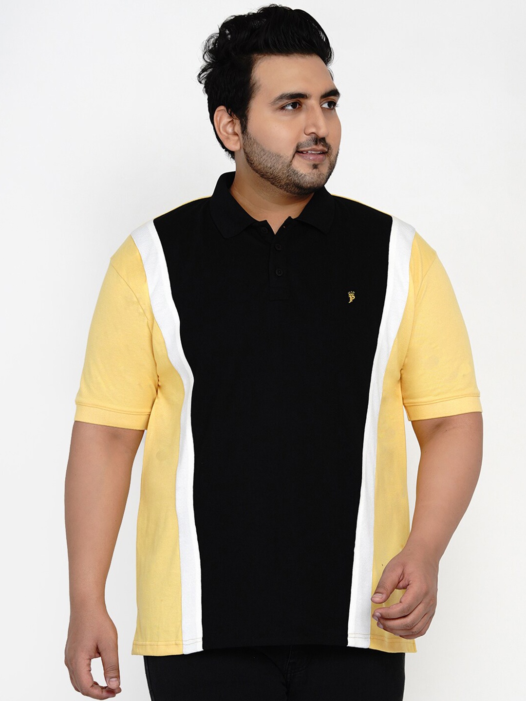 

John Pride Men Black & Yellow Colourblocked Polo Collar T-shirt