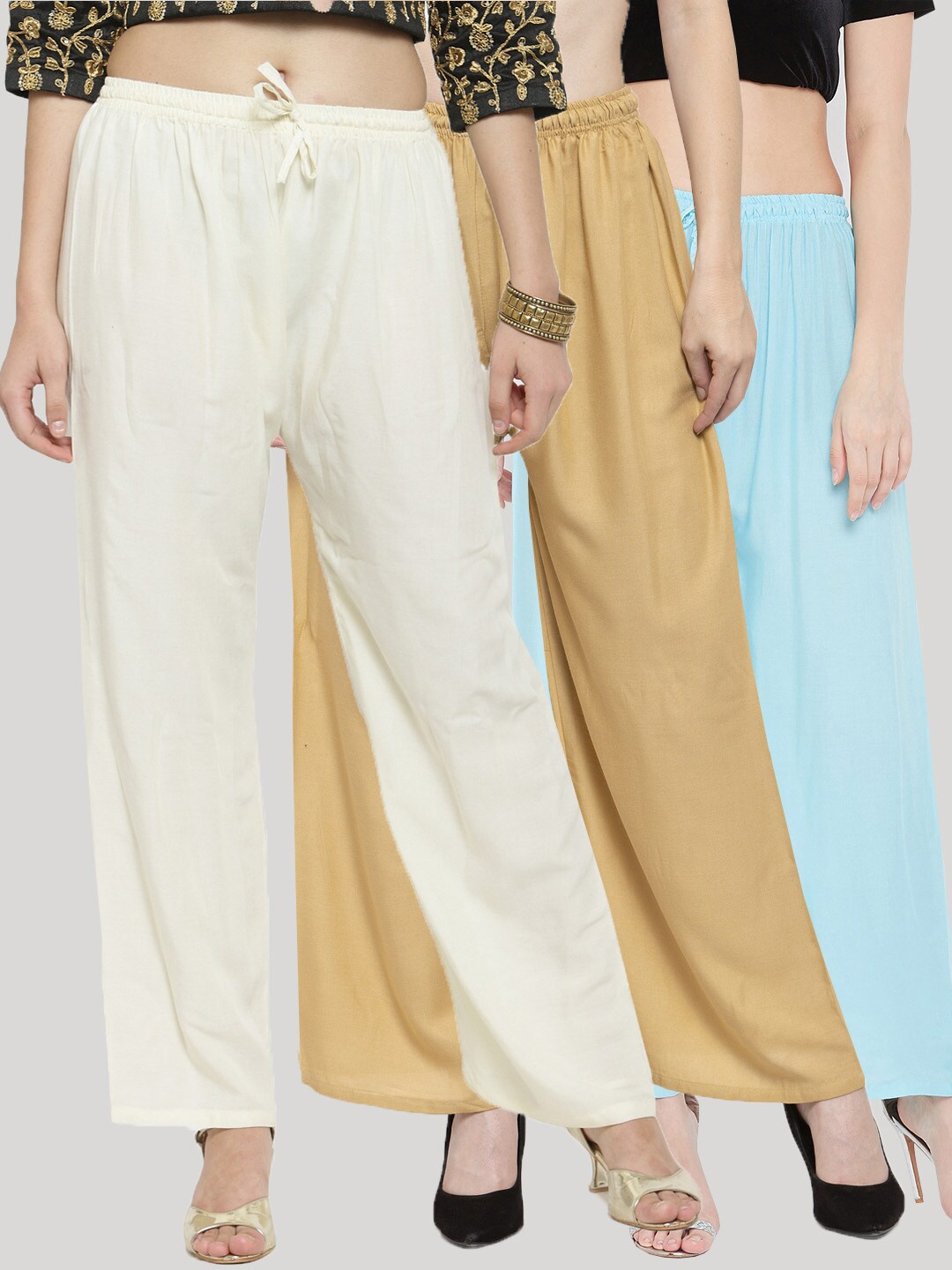 

Clora Creation Women Off White & Blue 3 Knitted Palazzos