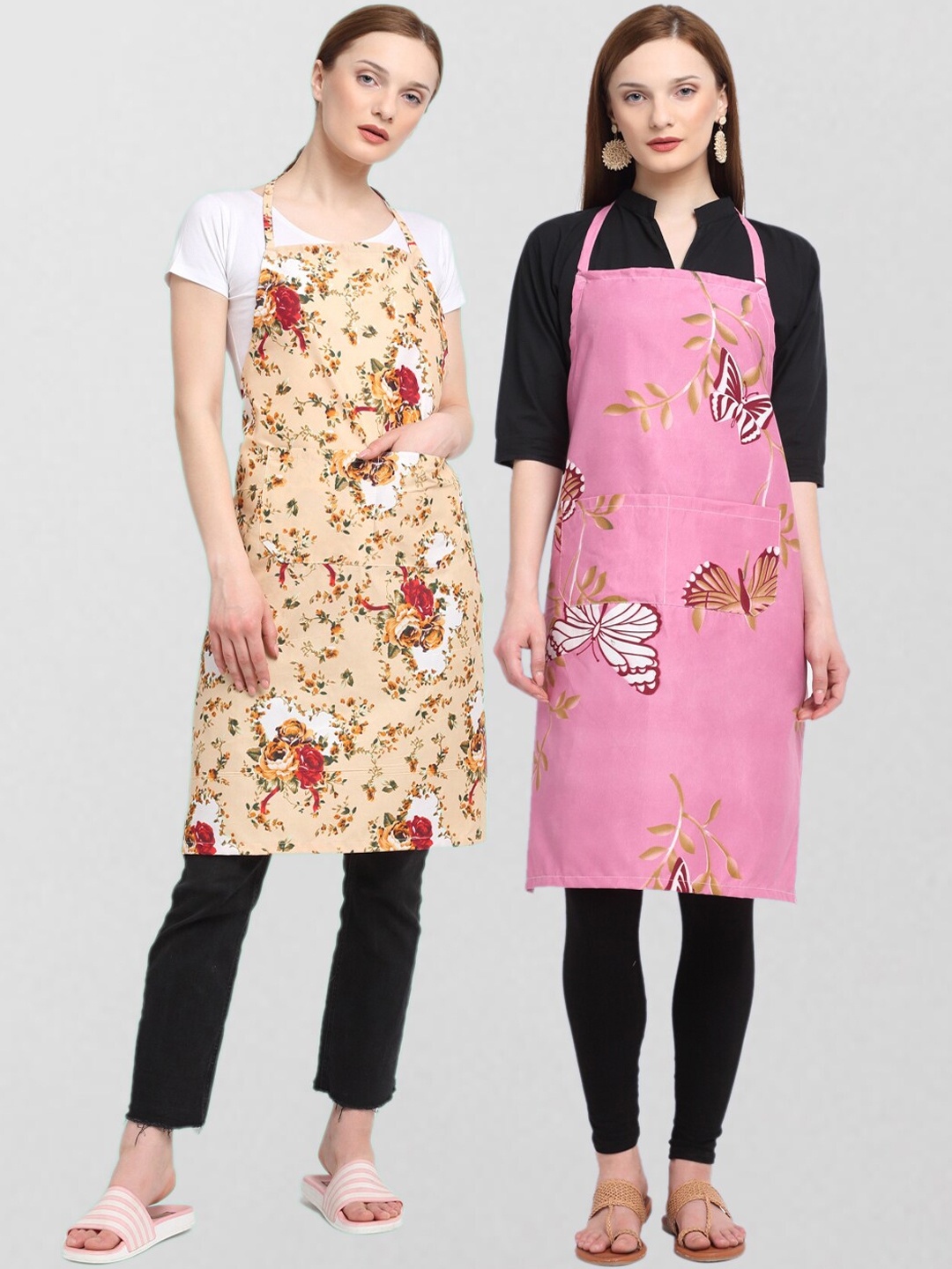 

KLOTTHE Pack Of 2 Printed 210TC Cotton Aprons, Pink