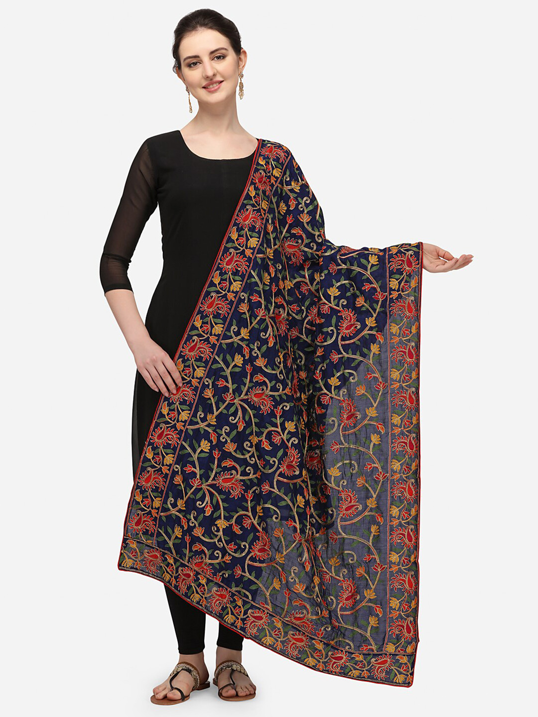 

VASTRANAND Navy Blue & Green Ethnic Motifs Embroidered Dupatta with Thread Work