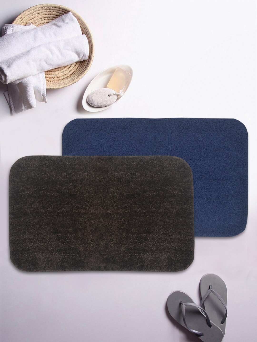 

BIANCA Set Of 2 Solid 1850 GSM Microfibre Ultra-Soft Fluffy Anti-Skid Bath Rugs, Navy blue