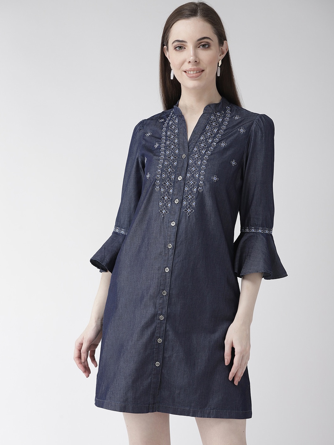 

Xpose Navy Blue Ethnic Motifs Embroidered Cotton A-Line Dress