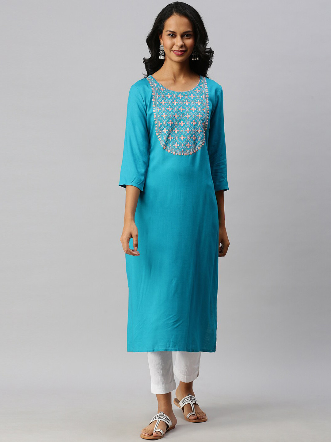 

Soch Women Blue Floral Yoke Design Thread Work Kurta