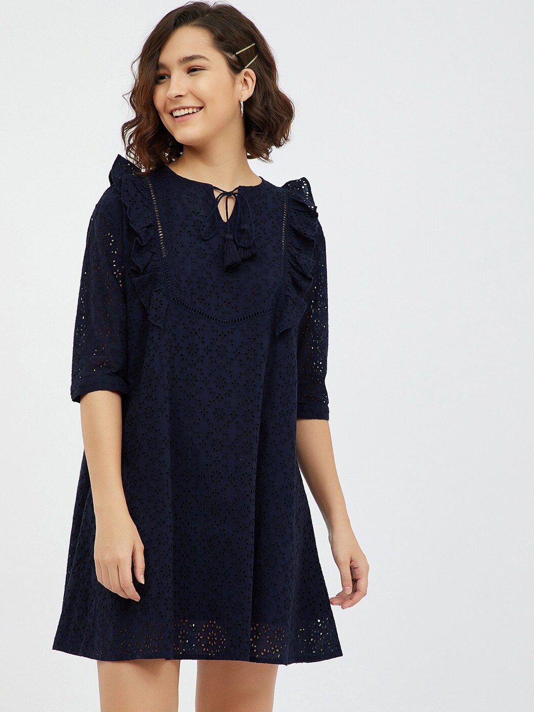 

Femella Women Navy Blue Tie-Up Neck A-Line Schiffli Lace Dress