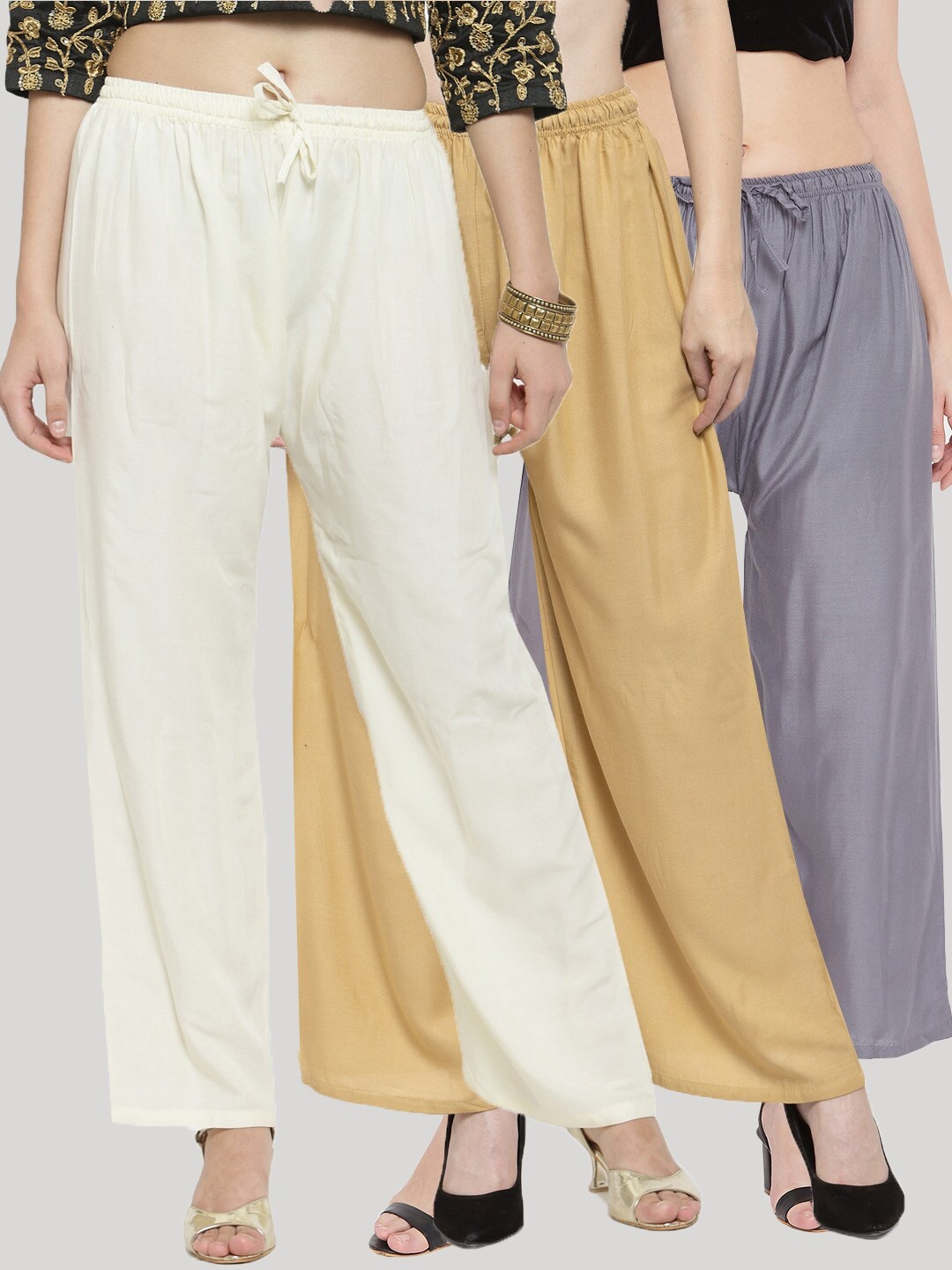 

Clora Creation Women 3 Knitted Palazzos, Off white