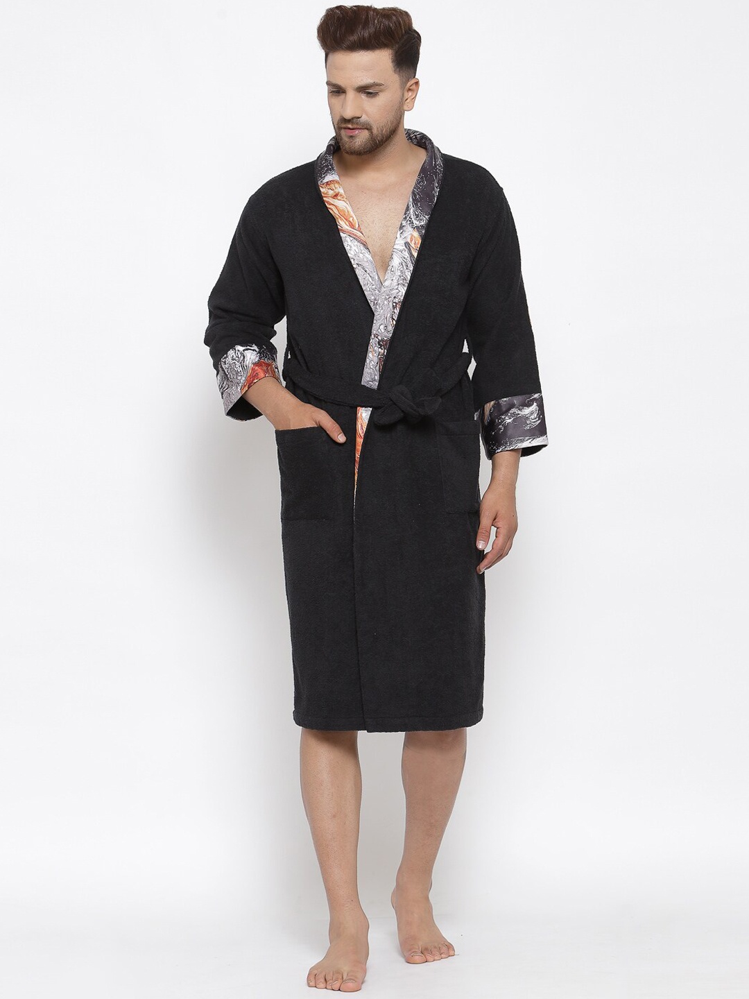 

DECOREALM Unisex Black Solid Cotton Bath Robe