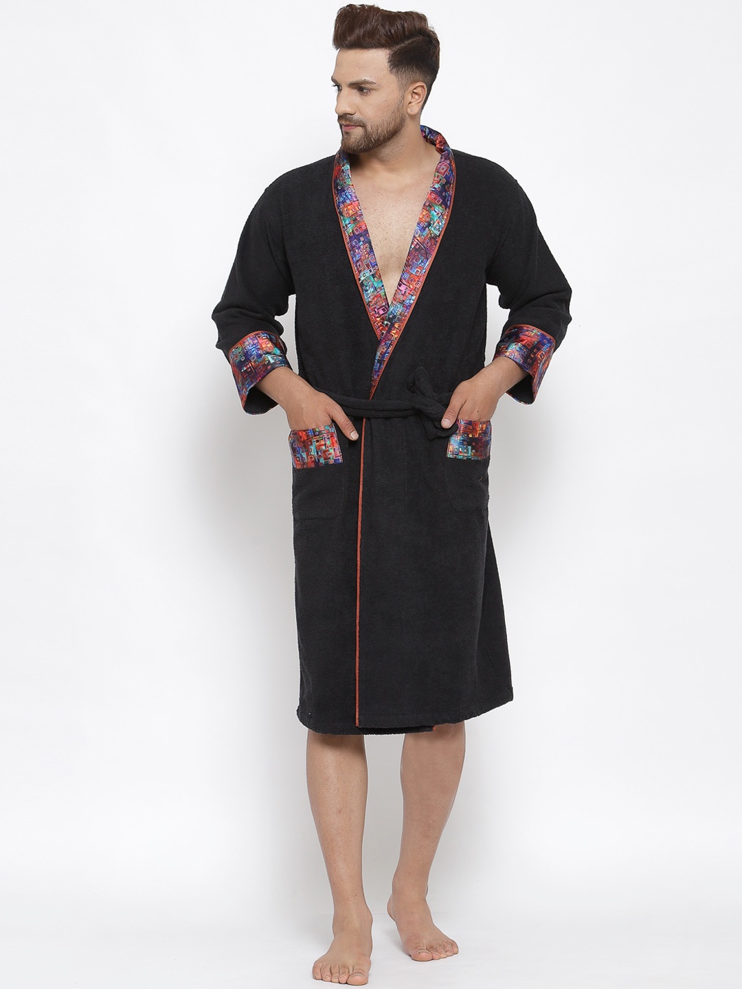 

DECOREALM Unisex Black Solid Cotton Bathrobe