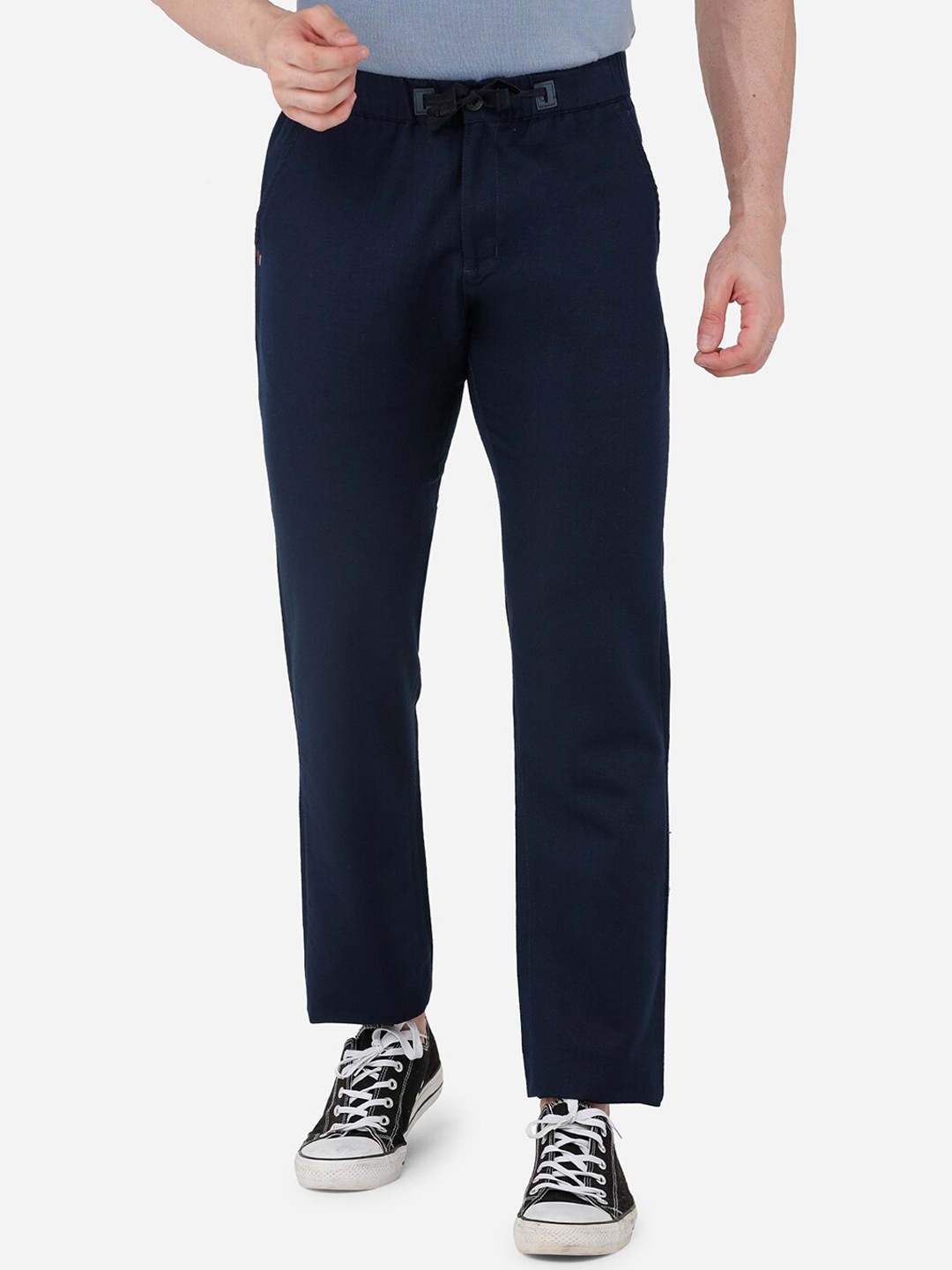 

beevee Men Navy Blue Solid Linen Cotton Track Pants