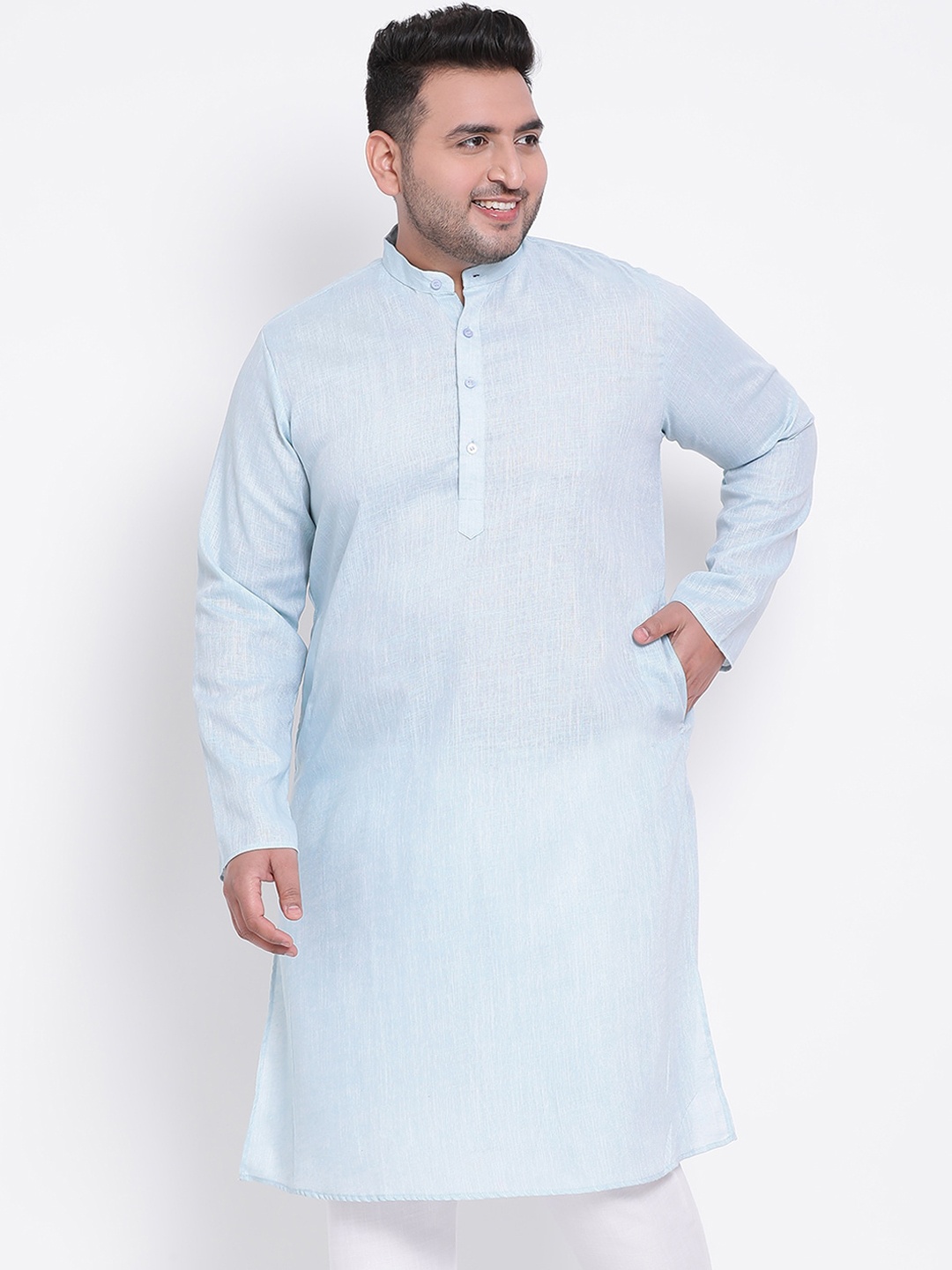 

Hangup Men Blue Angrakha Linen Kurta with Pyjamas