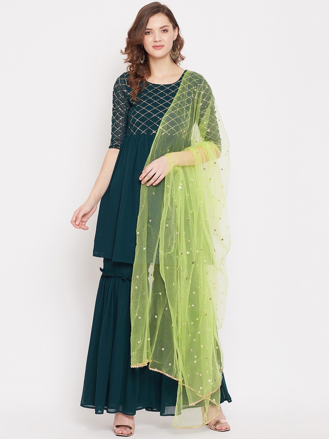 

PANIT Women Green Embroidered Layered Sequinned Kurta with Sharara & With Dupatta