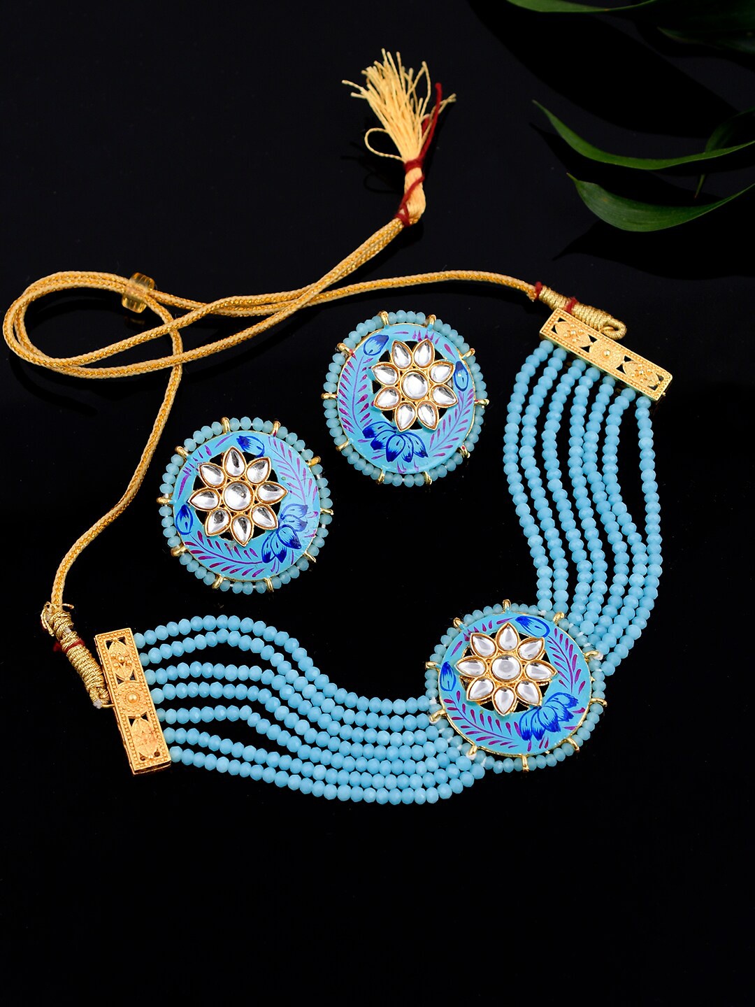 

Silvermerc Designs Gold-Plated White & Blue Quartz-Studded & Beaded Meenakari Jewellery Set