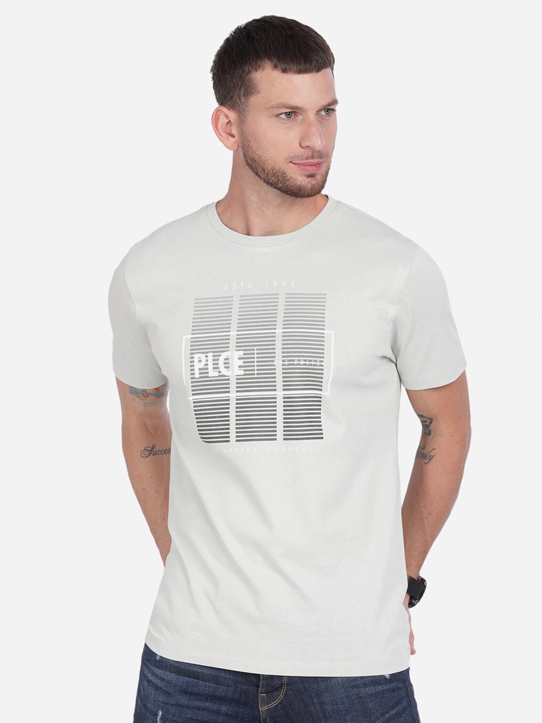 883 Police Men Grey Printed T-shirt