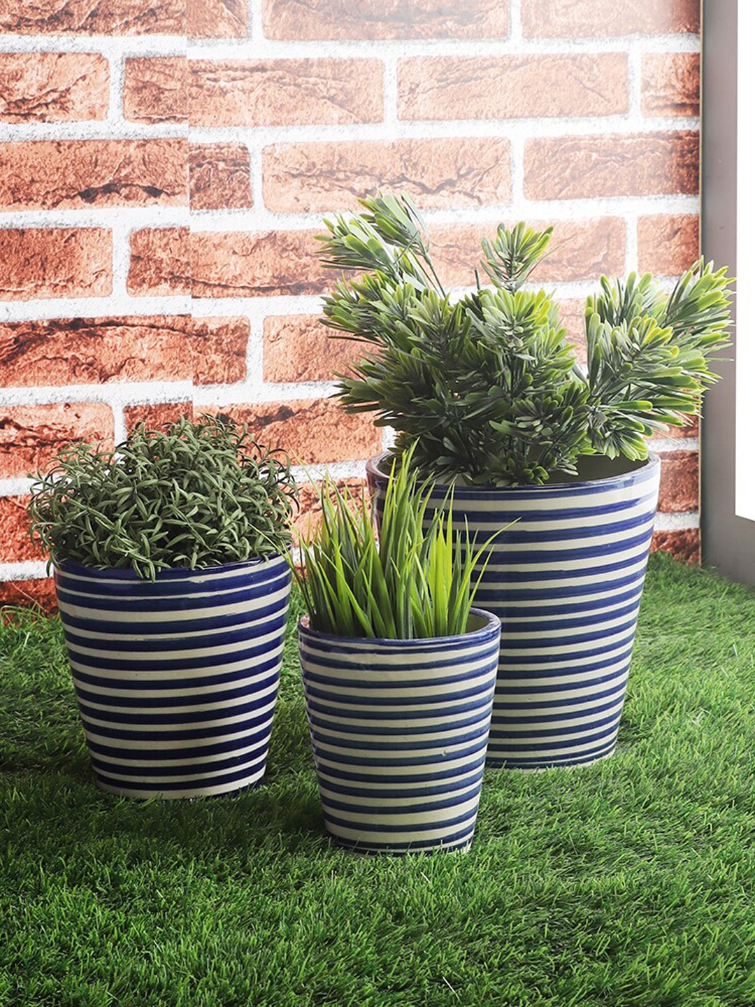 

The Decor Mart Set Of 3 Blue & White Striped Ceramic Planters