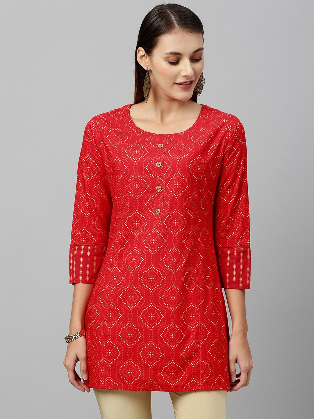 

kipek Red & Beige Bandhani Printed Tunic