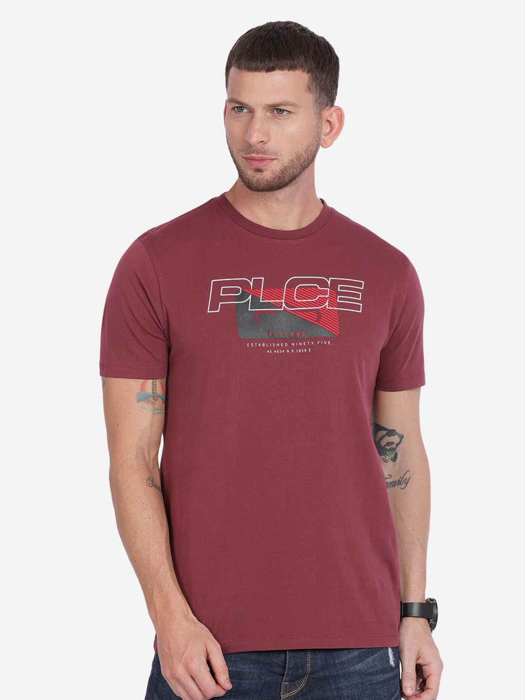 

883 Police Men Maroon Typography Printed Cotton T-shirt