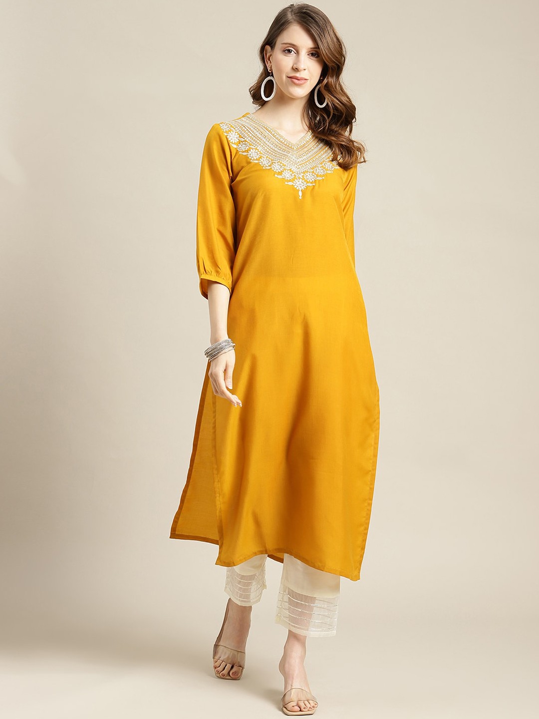 

Varanga Women Mustard Yellow Thread Work Kurta with Trousers