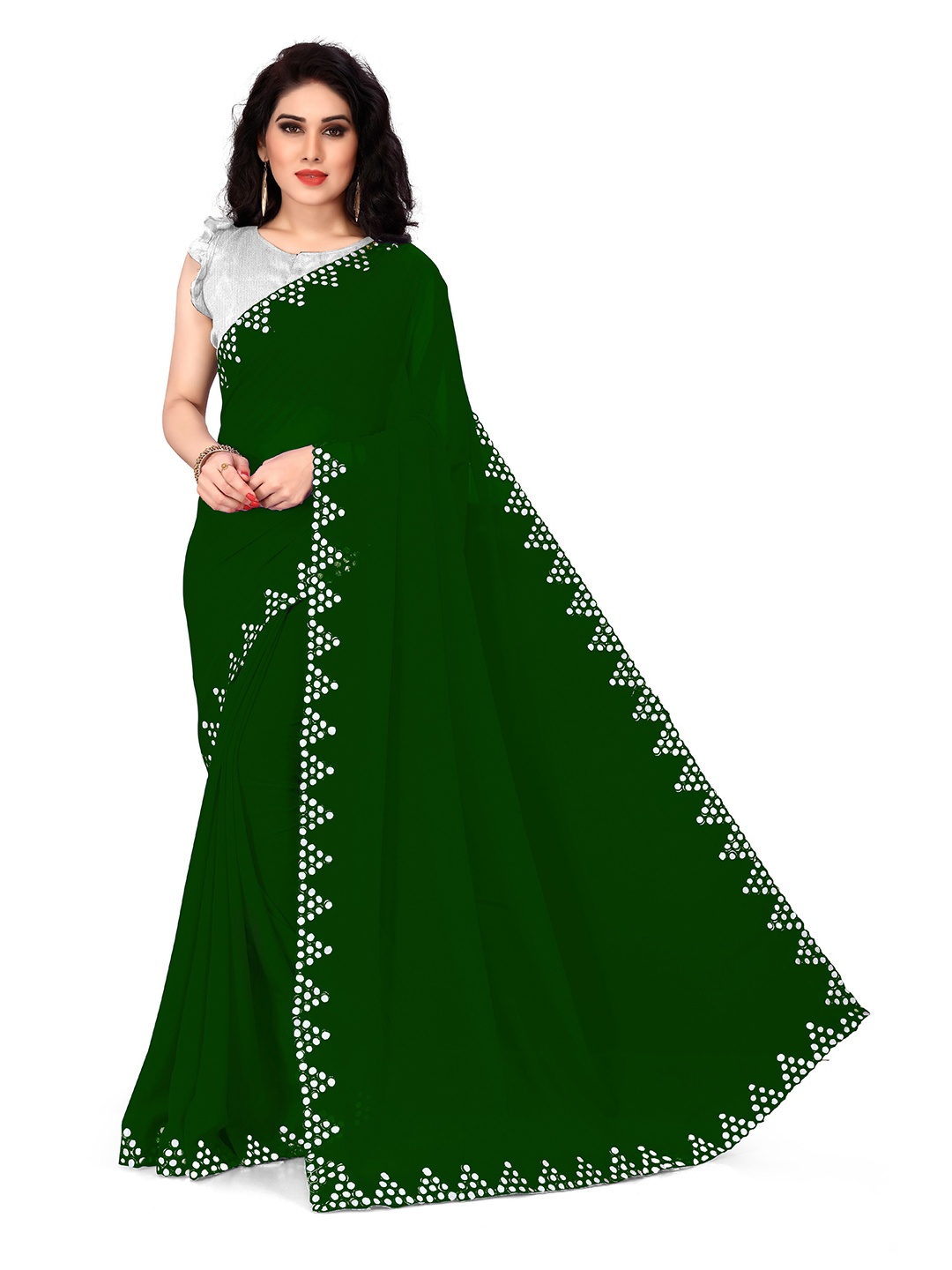 

KALINI Green & Silver-Toned Mirror Work Poly Georgette Saree
