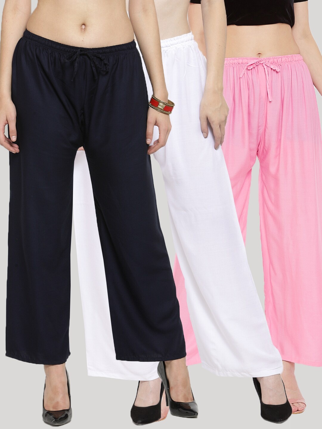 Clora Creation Women White & Navy Blue 3 Knitted Palazzos