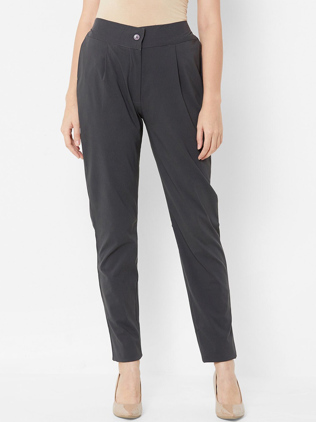 

ZOLA Women Charcoal Grey Straight Fit Pleated Cotton Peg Trousers