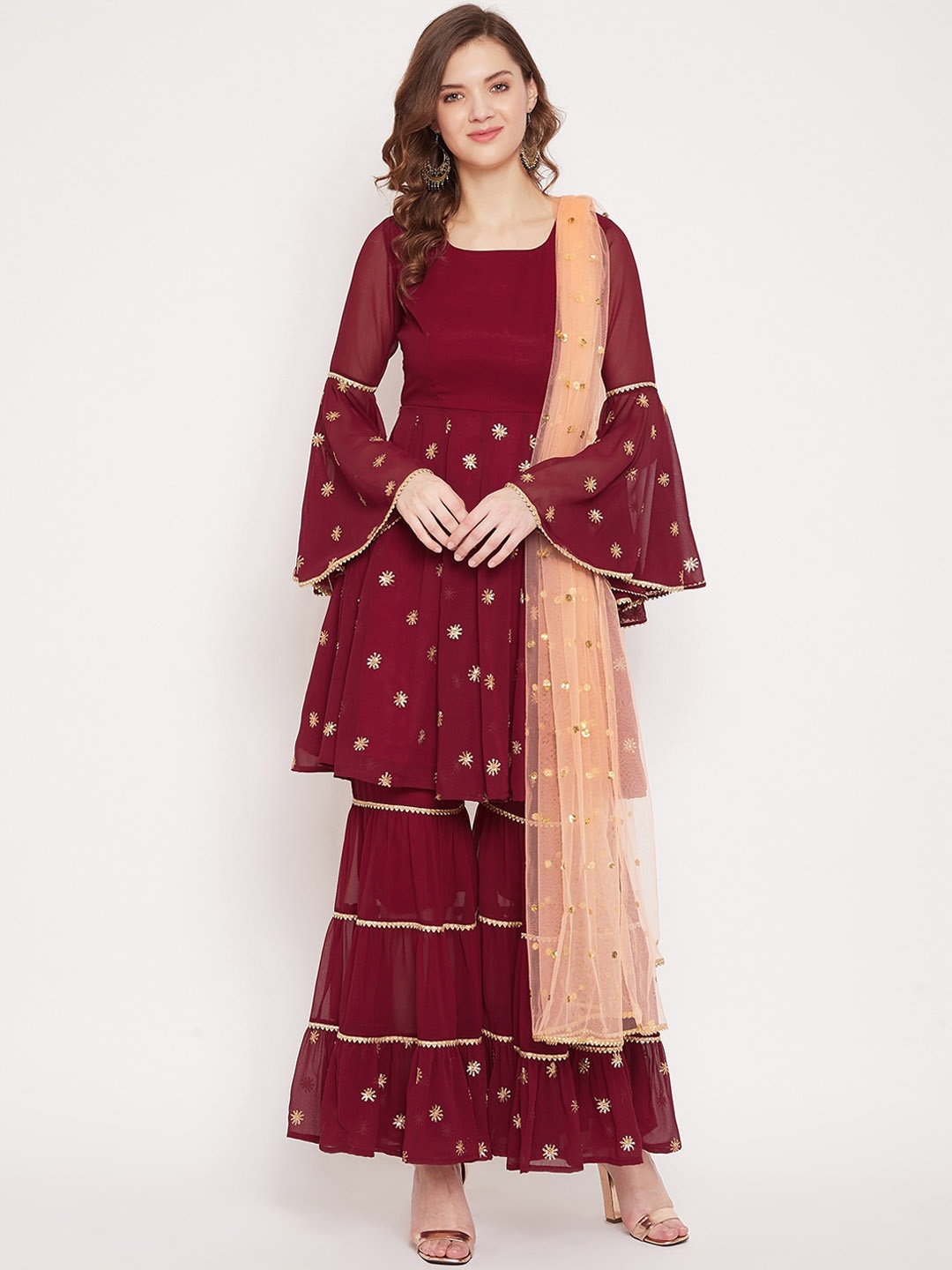 

PANIT Women Maroon Printed Kurta with Sharara & With Dupatta