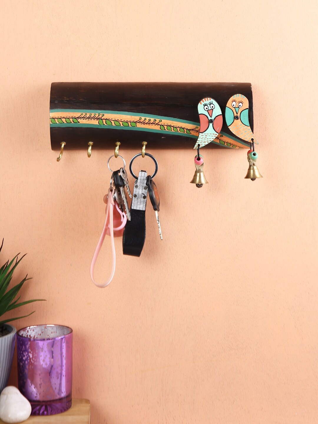 

Aapno Rajasthan Brown & Yellow Handcrafted Wooden Cylindrical Key Holder