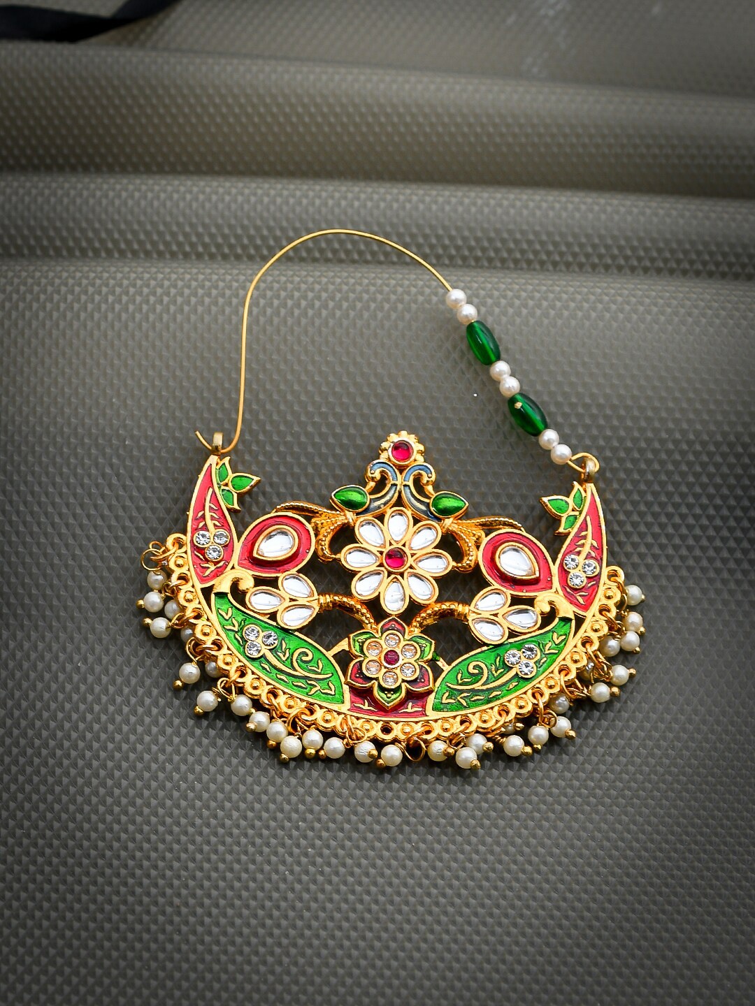 

Silvermerc Designs Gold-Plated Green Pearls-Studded Nose Ring