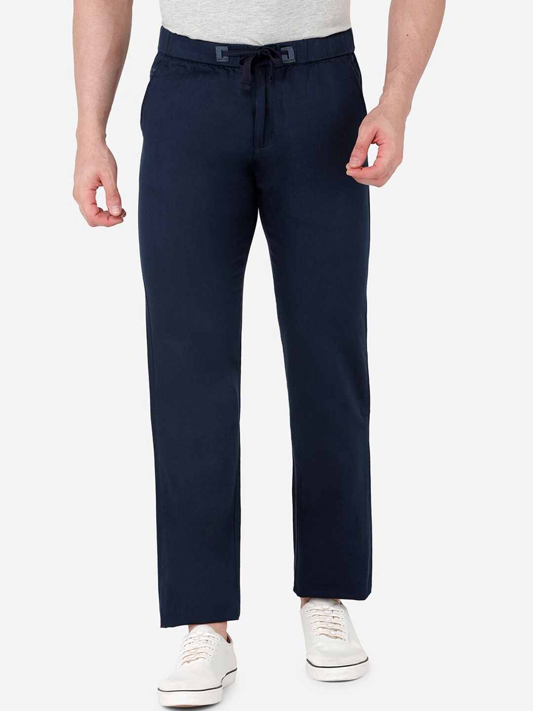 

beevee Men Navy Blue Solid Linen Cotton Track Pants