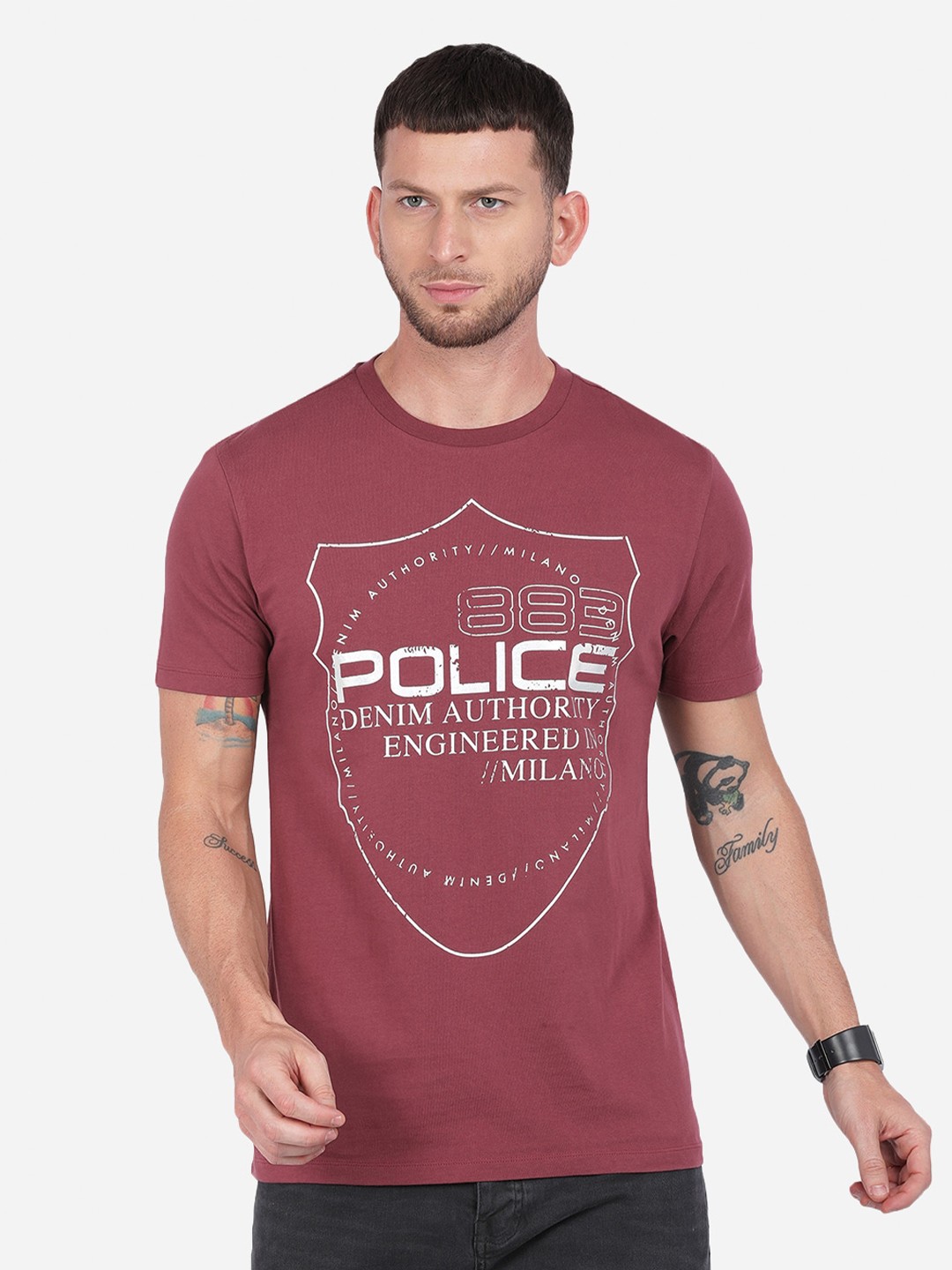 

883 Police Men Maroon Typography Printed T-shirt