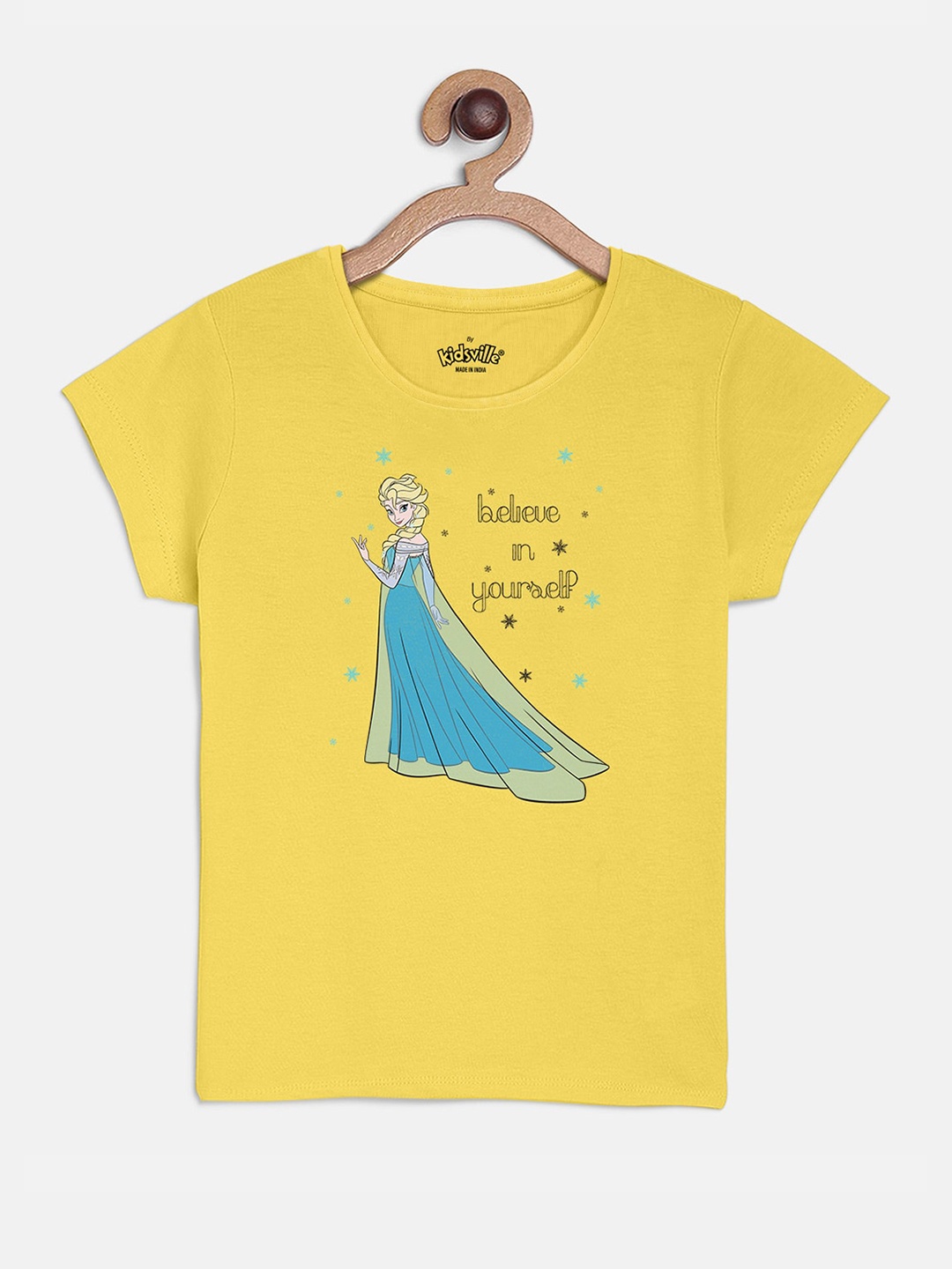 

Kids Ville Girls Yellow Frozen Printed Cotton Pure Cotton T-shirt