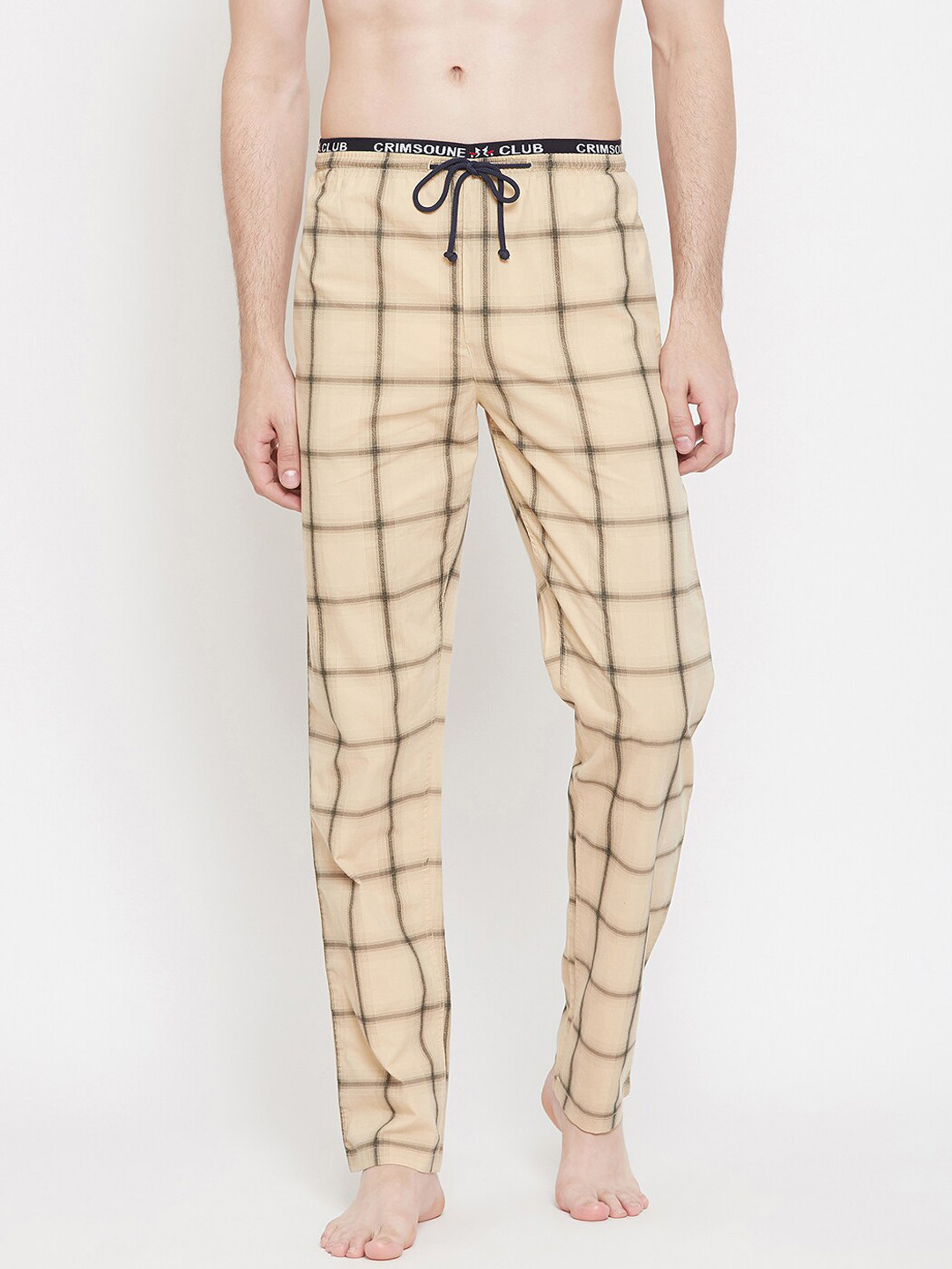 

Crimsoune Club Men Beige & Black Checked Pure Cotton Lounge Pants