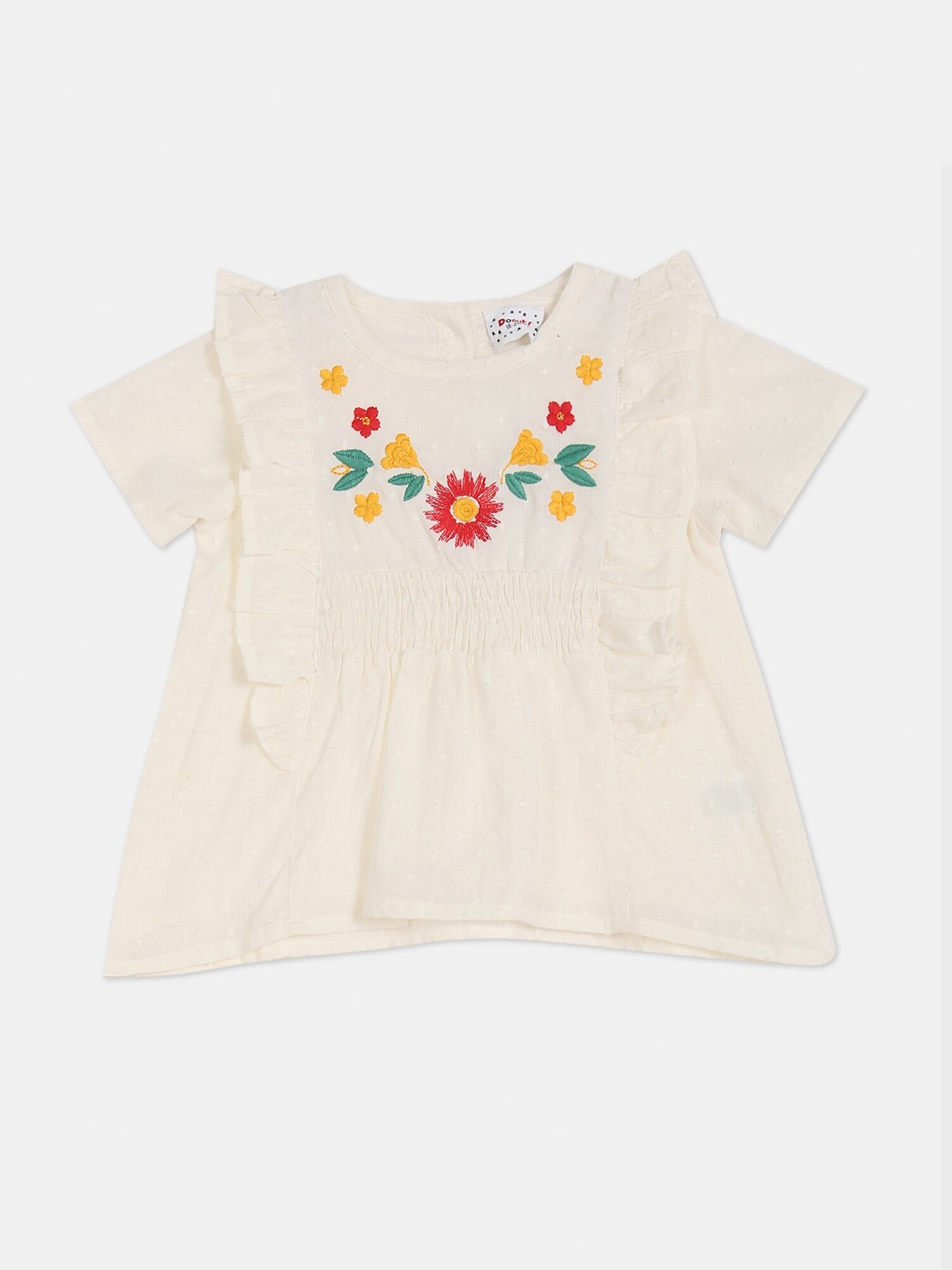 

Donuts Girls Cream-Coloured & Red Embroidered Ruffles A-Line Top