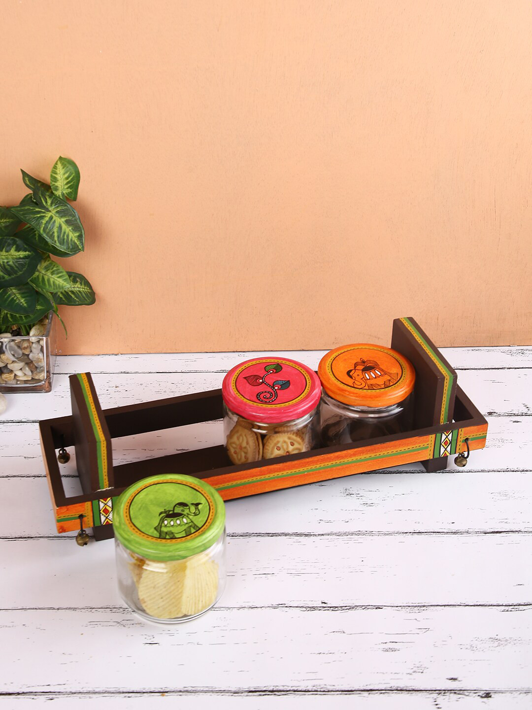 

Aapno Rajasthan Mulitcoloured Wooden Tray with Three Glass Jar, Multi