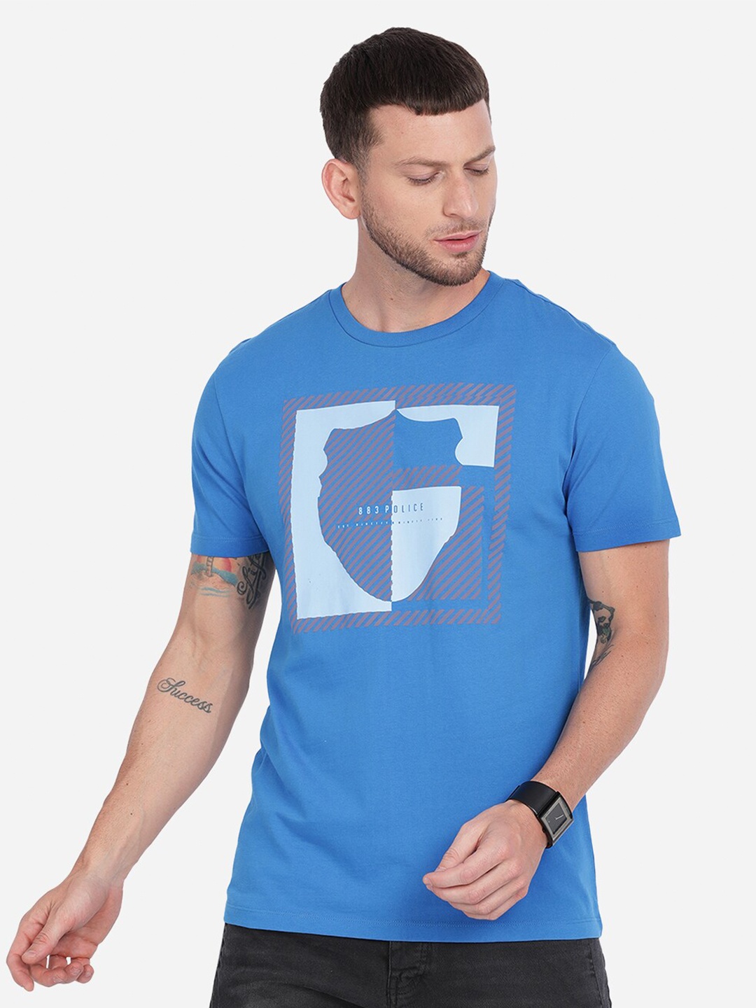 

883 Police Men Blue Printed T-shirt