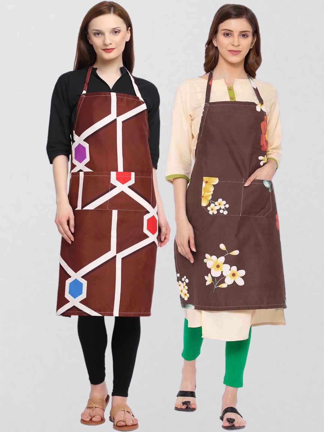 

KLOTTHE Pack Of 2 Printed 210 TC Cotton Aprons, Brown