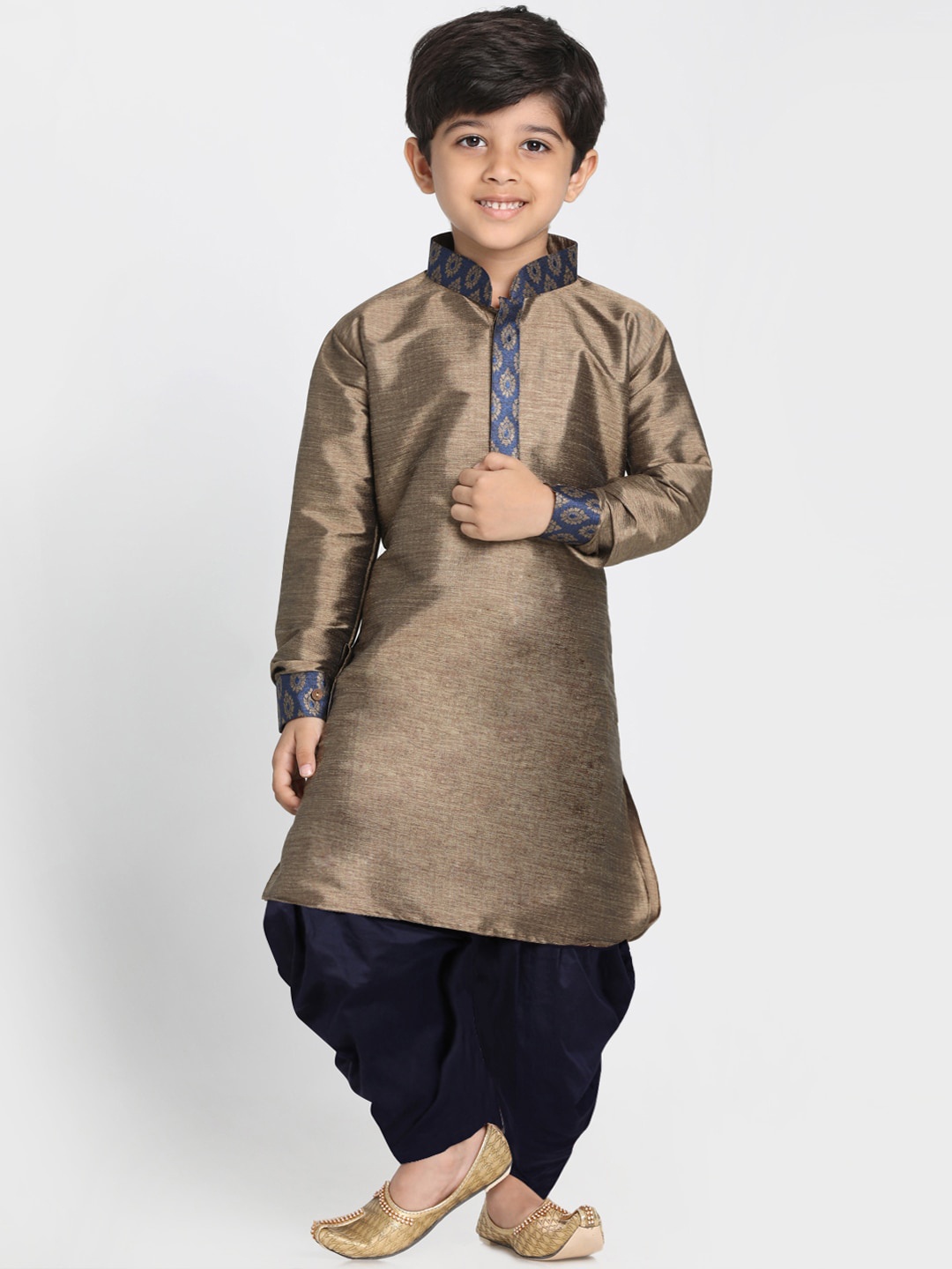 

VASTRAMAY Boys Bronze Coloured & Navy Blue Silk Blend Kurta With Dhoti Pants