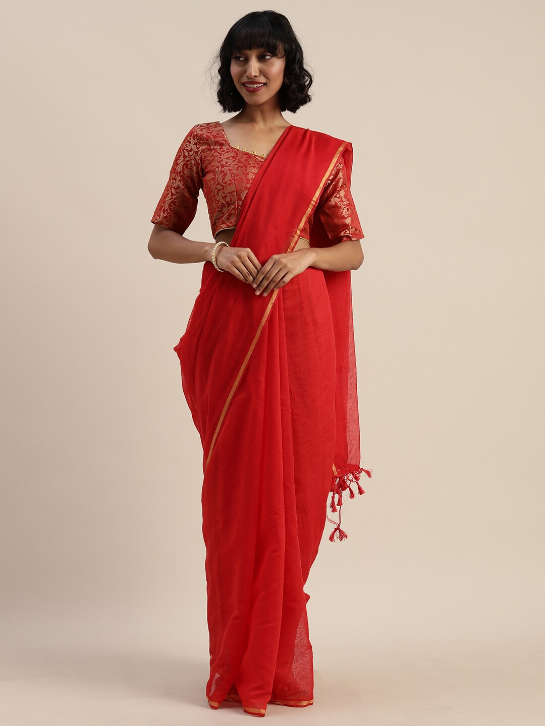 

KALINI Red & Gold-Toned Zari Art Silk Saree