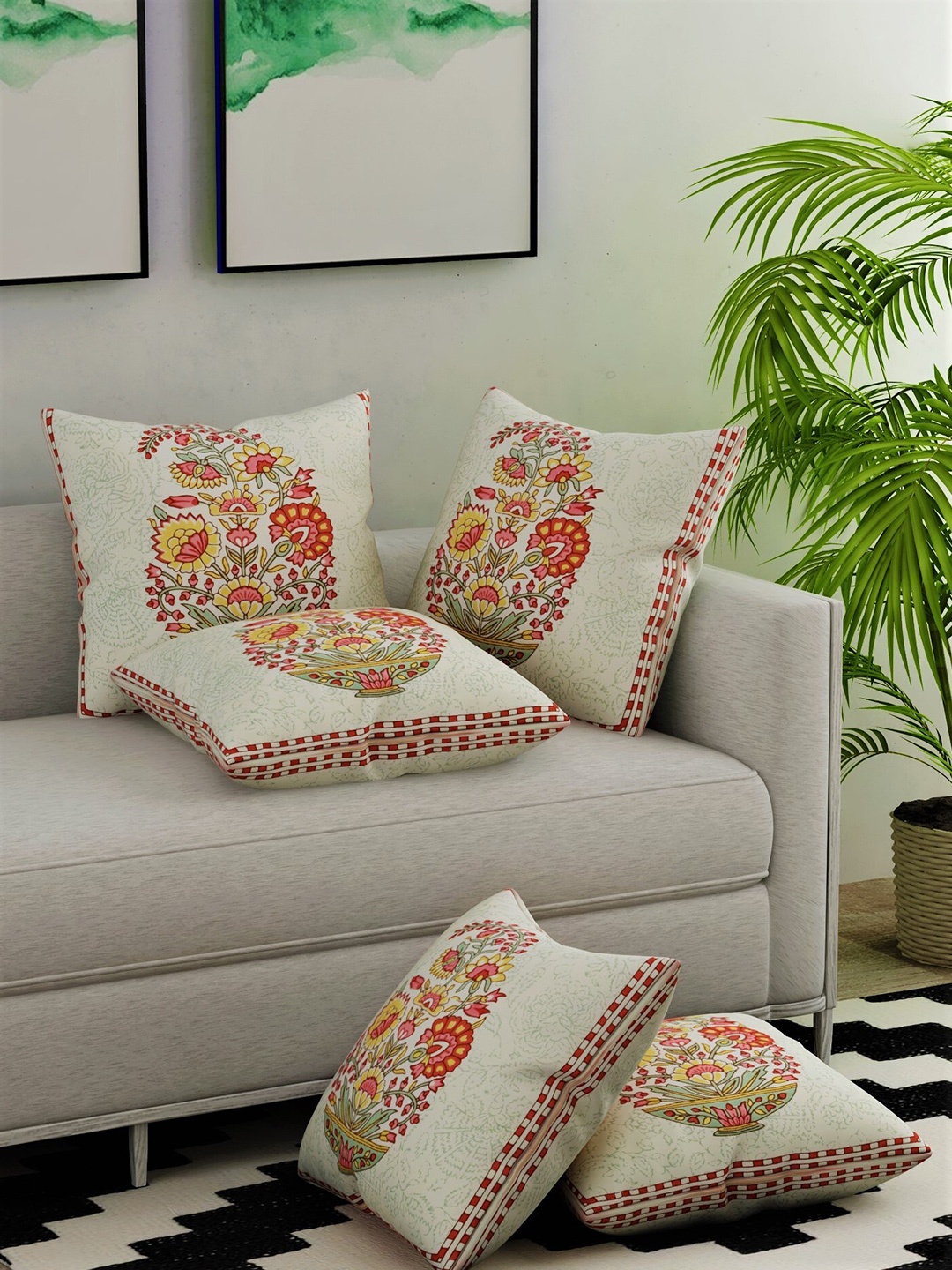 

Salona Bichona Cream-Coloured & Pink Set of 5 Floral Square Cushion Covers