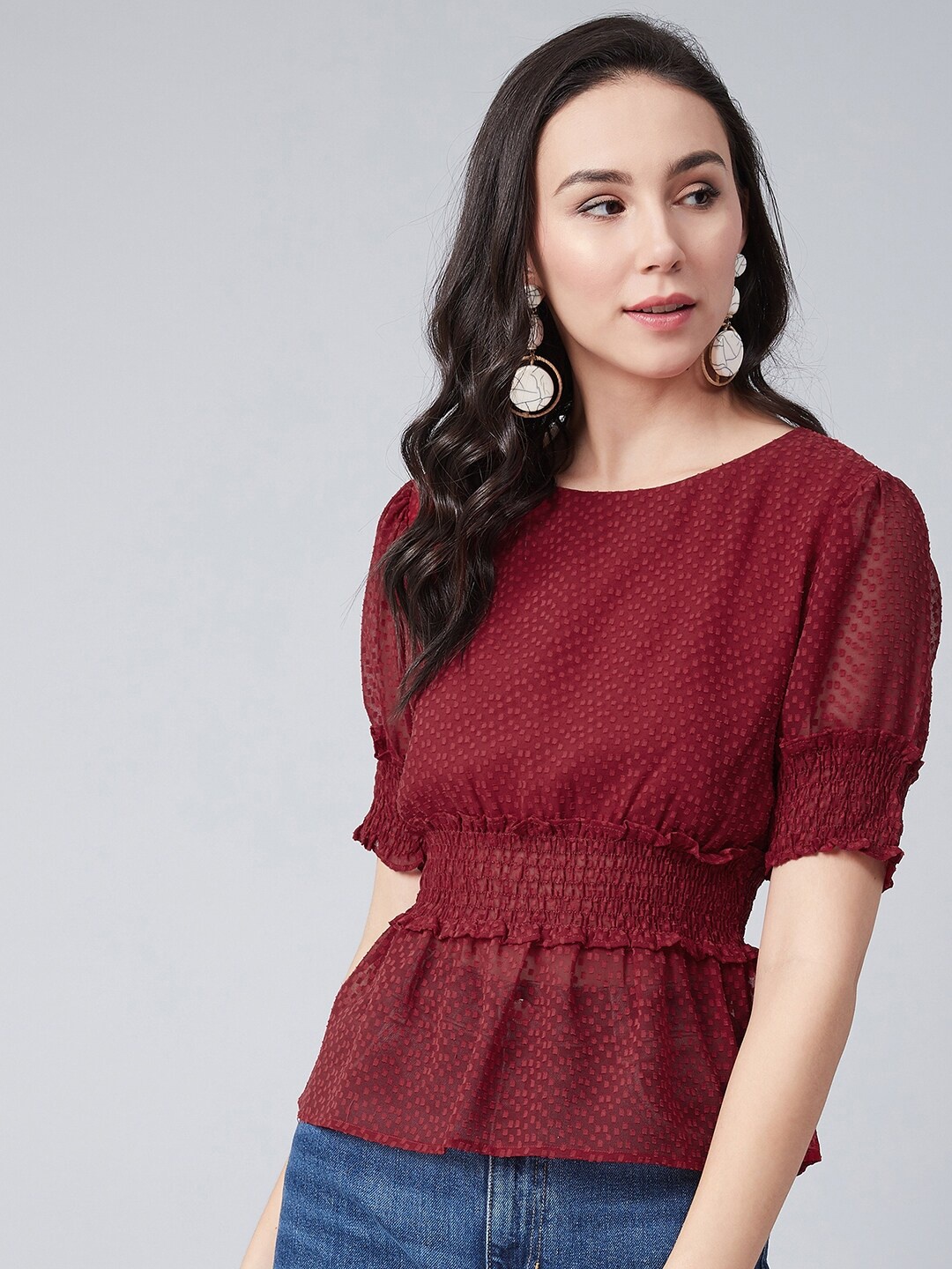

Marie Claire Maroon Puff Sleeve Georgette Cinched Waist Top