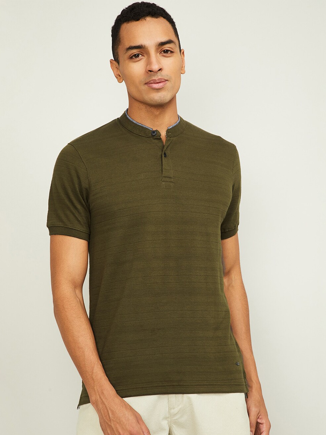 

CODE by Lifestyle Men Olive Green Henley Neck Cotton T-shirt