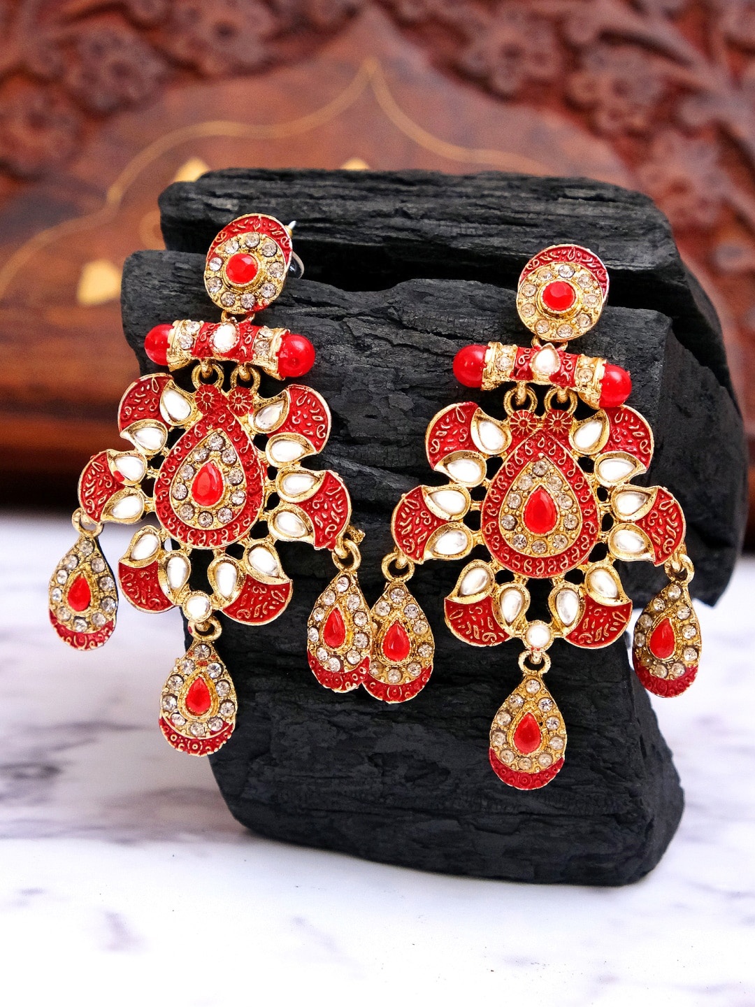 

Crunchy Fashion Gold-Plated & Red Enamelled Drop Earrings