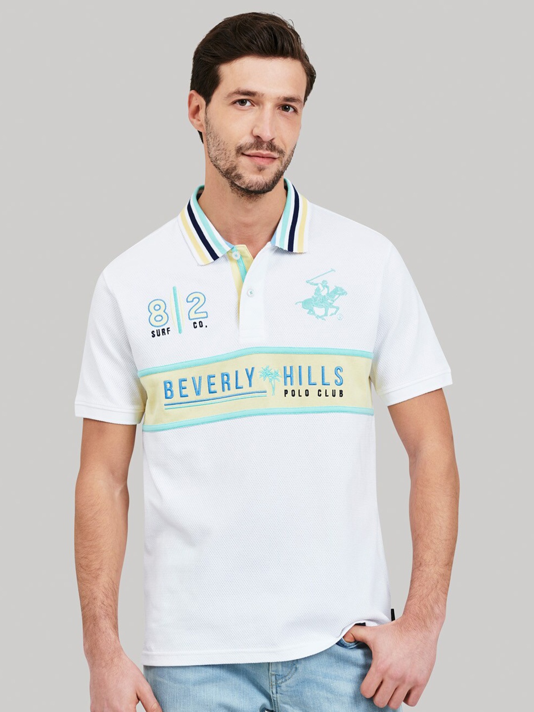 

Beverly Hills Polo Club Men White Varsity Polo Collar T-shirt