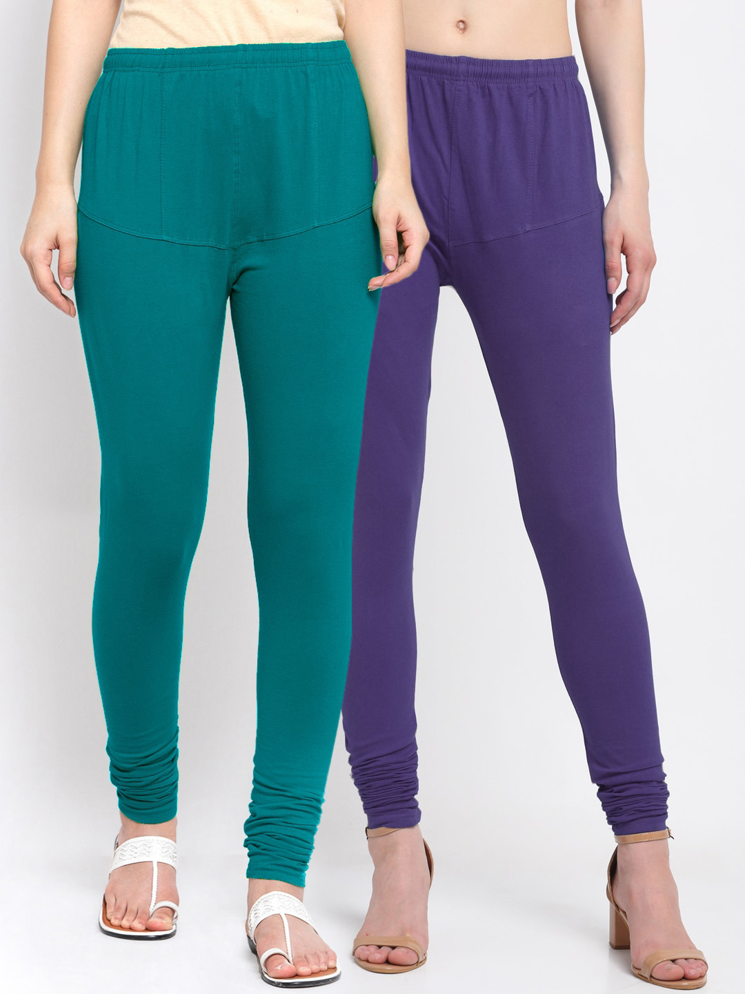 

KLOTTHE Women Pack Of 2 Blue & Green Solid Churidar-Length Cotton Leggings