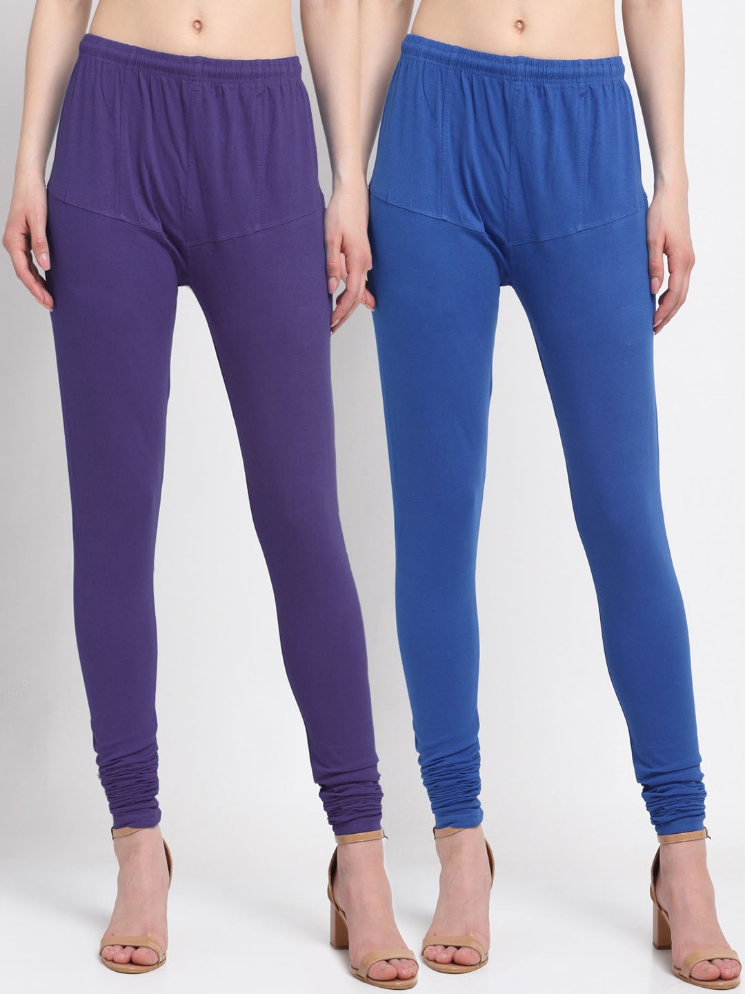 

KLOTTHE Women Pack Of 2 Blue & Purple Solid Cotton Churidar-Length Leggings