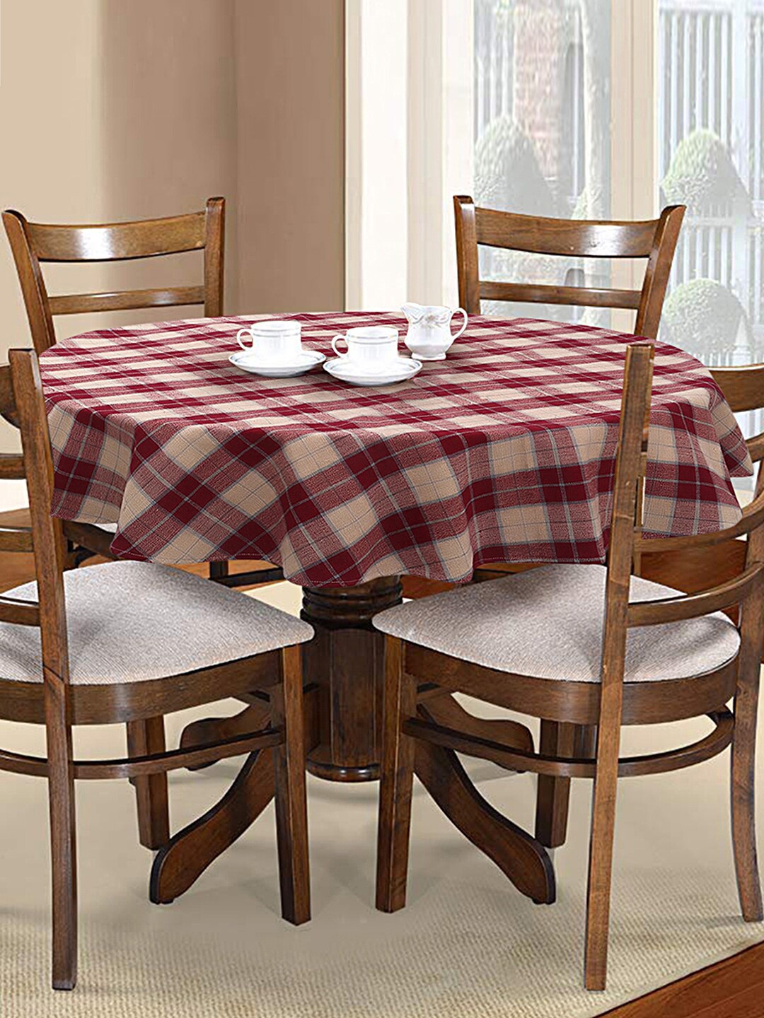 

Mezposh Beige & Maroon Checked 6-Seater Round Cotton Table Cover