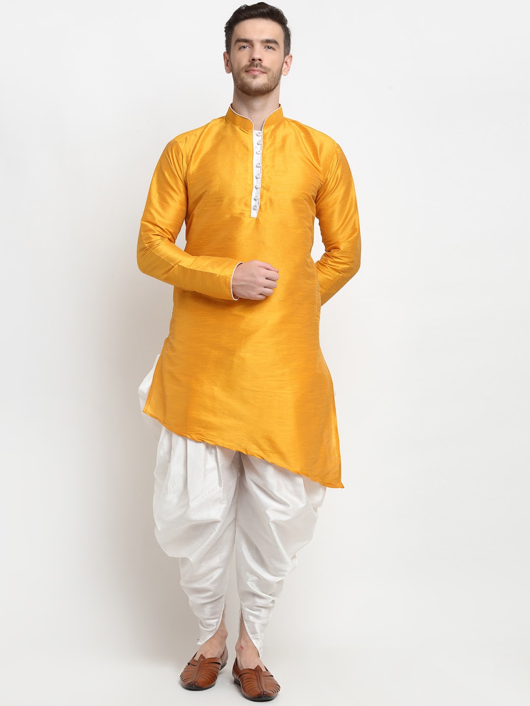 

Benstoke Men Yellow & White Silk Kurta with Dhoti Pants