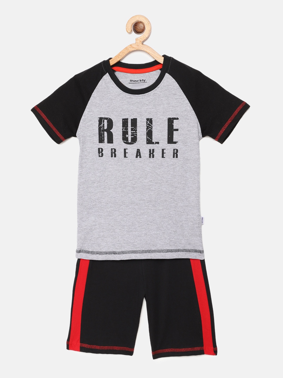 

mackly Boys Grey Melange & Black Printed Night Suit