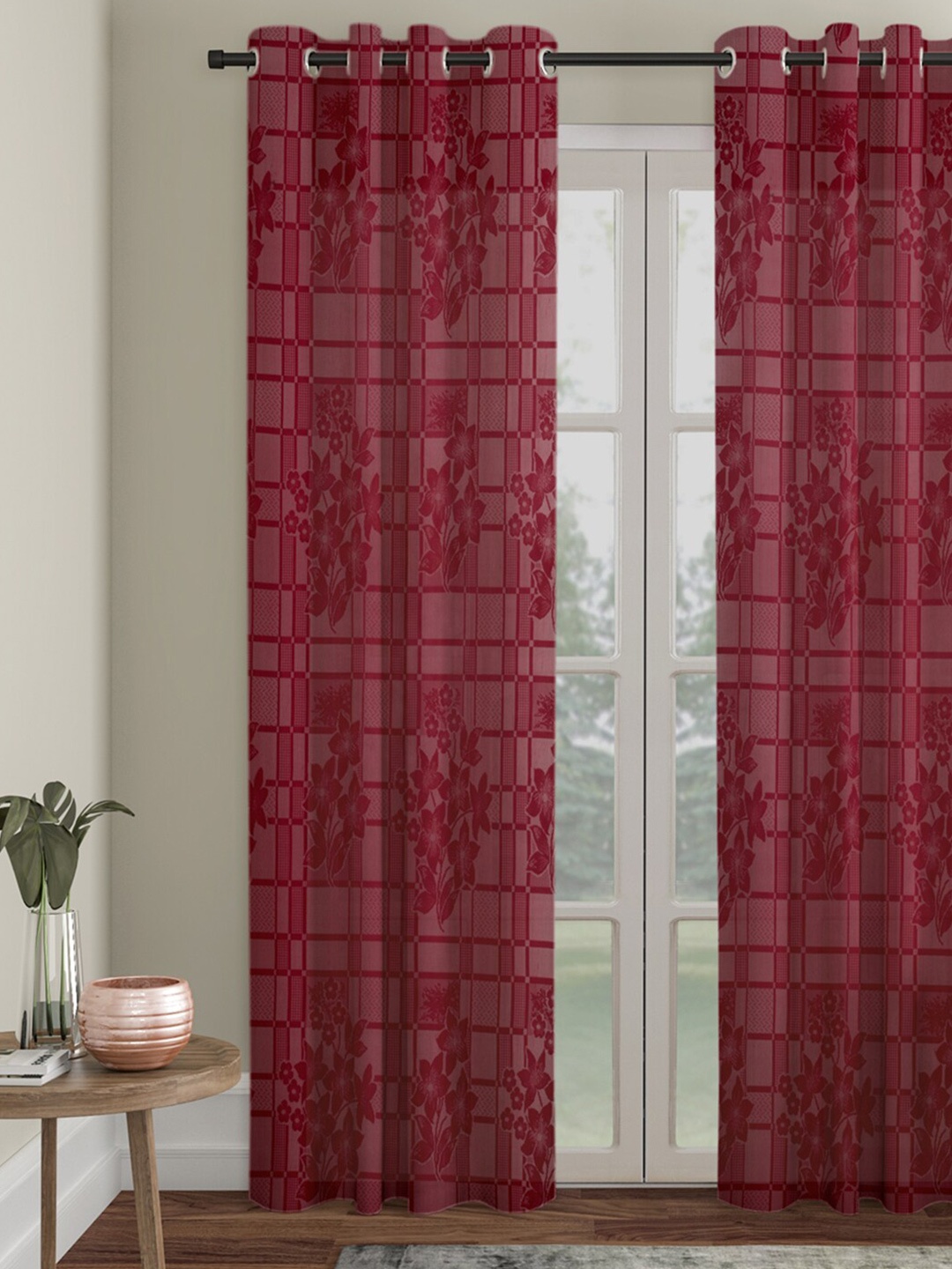 HOSTA HOMES Maroon Single Floral Door Curtain