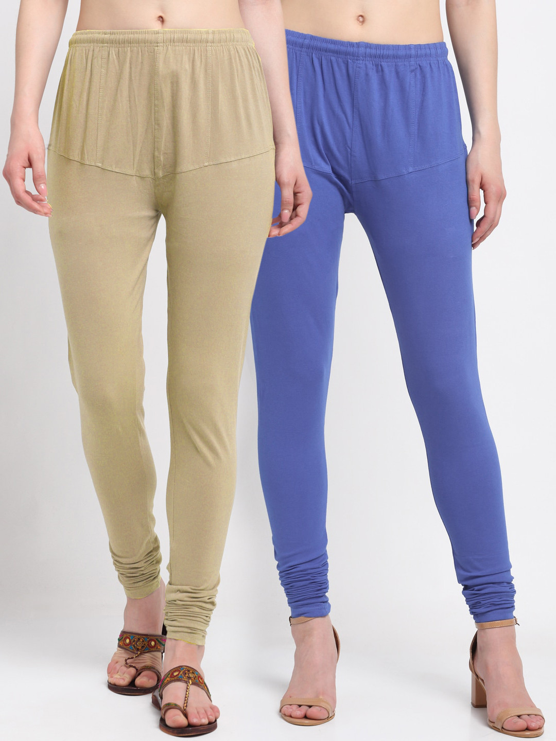 

KLOTTHE Women Pack Of 2 Blue & Beige Solid Cotton Churidar-Length Leggings